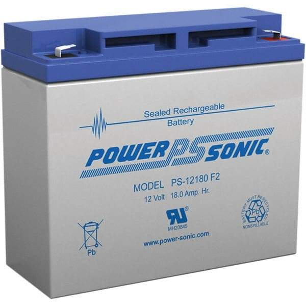 Power-Sonic - Lead-Acid, Quick-Disconnect Tab Terminal, 12 Volt, 18 Amp, Lead Rechargeable Battery - 1/4" Tab Width x 0.8mm Tab Thickness, 3" Wide x 6.59" High x 7.13" Deep - Benchmark Tooling