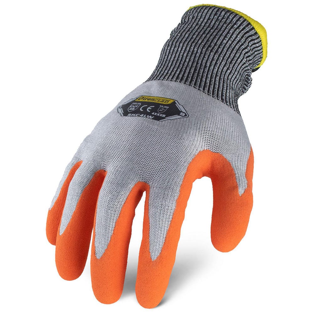 Puncture-Resistant Gloves: Size Small, ANSI Cut A6, ANSI Puncture 4, Latex, HPPE/Steel Blended Knit Gray & Orange, Palm & Fingertips Coated, Acrylic Lined, HPPE Fiber/Stainless Steel Back, Sandy Grip, ANSI Abrasion Not Tested