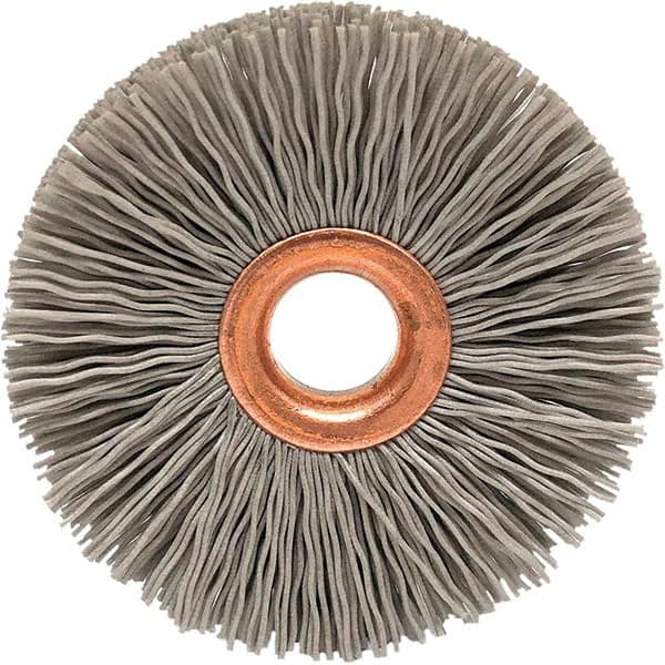 Brush Research Mfg. - 1-1/2" OD, 3/8" Arbor Hole, Crimped Abrasive Nylon Wheel Brush - 5/16" Face Width, 3/8" Trim Length, 20,000 RPM - Benchmark Tooling