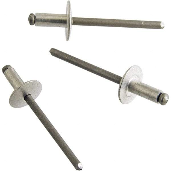 STANLEY Engineered Fastening - Size 4 Large Flange Head Aluminum Open End Blind Rivet - Aluminum Mandrel, 0.063" to 1/8" Grip, 1/8" Head Diam, 0.129" to 0.133" Hole Diam, 0.078" Body Diam - Benchmark Tooling