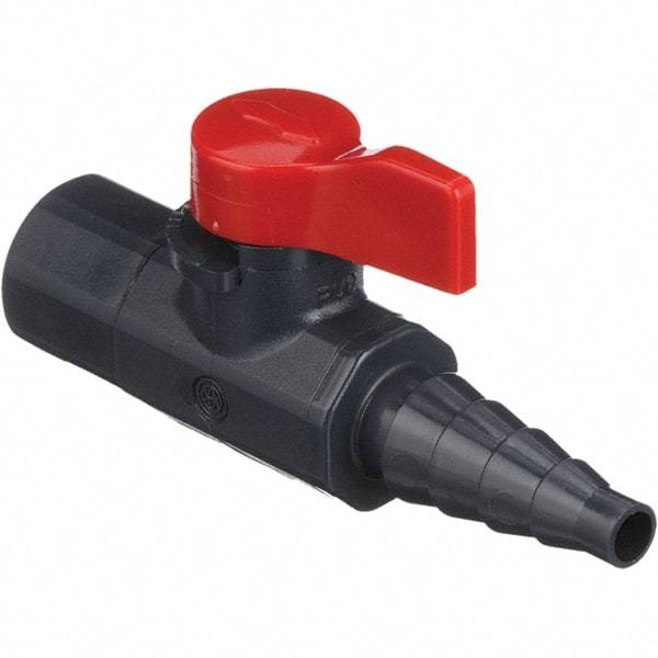 Asahi/America - 1/4" Pipe, Full Port, PVC Ball Valve - 1 Piece, FNPT X Barb Ends, Tee Handle, 150 WOG - Benchmark Tooling
