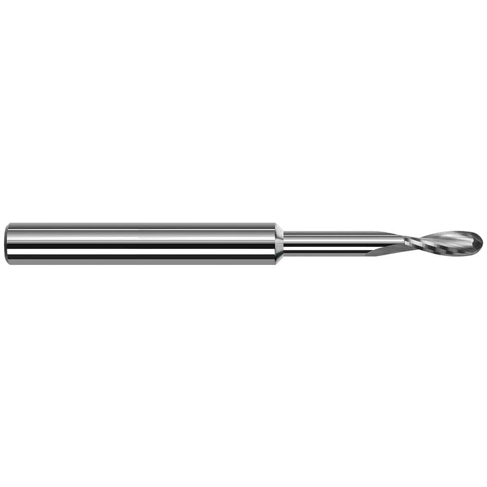 Ball End Mill: 0.0781″ Dia, 0.234″ LOC, 2 Flute, Solid Carbide 2″ OAL, 1/8″ Shank Dia, 20 ° Helix, Uncoated, Single End