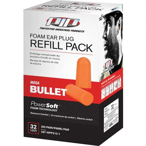 Earplug: 32dB, Polyurethane, Bullet, Roll Down, Uncorded Orange, 250 Pairs per Pack