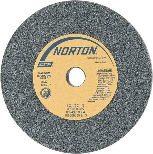 Norton - 4" Diam x 1/2" Hole x 1/2" Thick, I Hardness, 100 Grit Surface Grinding Wheel - Silicon Carbide, Type 1, Fine Grade, 8,120 Max RPM, Vitrified Bond, No Recess - Benchmark Tooling