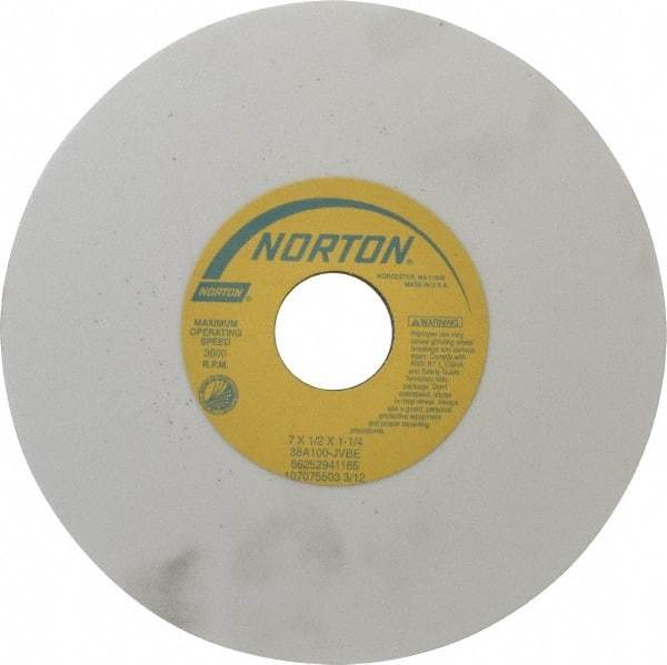 Norton - 7" Diam x 1-1/4" Hole x 1/2" Thick, J Hardness, 100 Grit Surface Grinding Wheel - Aluminum Oxide, Type 1, Fine Grade, 3,600 Max RPM, Vitrified Bond, No Recess - Benchmark Tooling