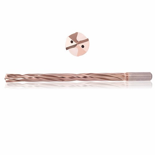 0.4252 mm Dia. × 12 mm Shank × 320 mm Flute Length × 370 mm OAL, 25xD, 135°, ZircoPlus, 2 Flute, Coolant Thru, h6, Cylindrical, Solid Carbide Drill