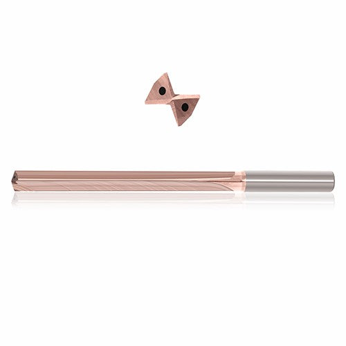0.4844 mm Dia. × 14 mm Shank × 77 mm Flute Length × 124 mm OAL, 5xD, 130°, ZircoPlus, 2 Flute, Coolant Thru, h6, Cylindrical, Solid Carbide Drill - Exact Industrial Supply