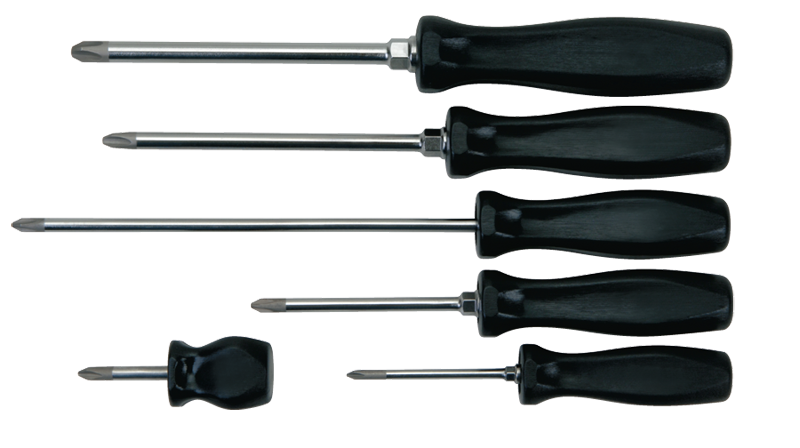 6 Piece - Phillips® Screwdriver Set - Includes: 6-1/4 #1; 7-5/16 #2; 12 #2; 10-1/2 #3; 10-3/4 #4; 3-1/2 #2 - Benchmark Tooling