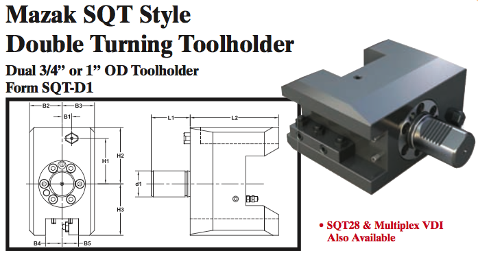 Mazak SQT Style Double Turning Toolholder (Dual 3/4Ó or 1Ó OD Toolholder Form SQT-D1) - Part #: SQT41.1020 - Benchmark Tooling
