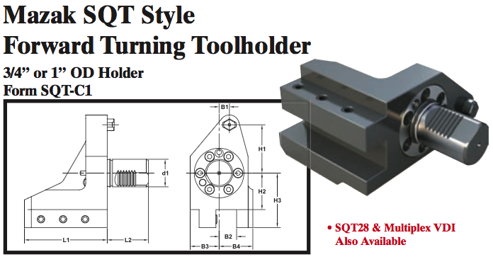 Mazak SQT Stye Forward Turning Toolholder (3/4Ó or 1Ó OD Holder Form SQT-C1) - Part #: SQT31.1525 - Benchmark Tooling
