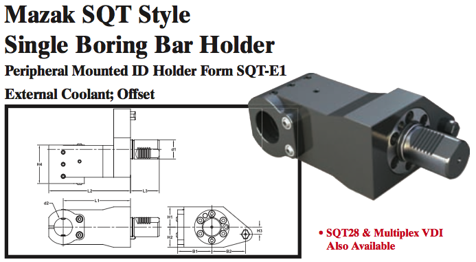 Mazak SQT Style Single Boring Bar Holder (Peripheral Mounted ID Holder Form SQT-E1 External Coolant; Offset) - Part #: SQT51.1525 - Benchmark Tooling