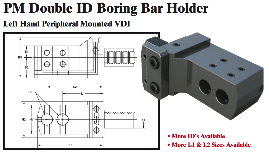 PM Double ID Boring Bar Holder (Left Hand Peripheral Mounted VDI) - Part #: PM91.4025L - Benchmark Tooling
