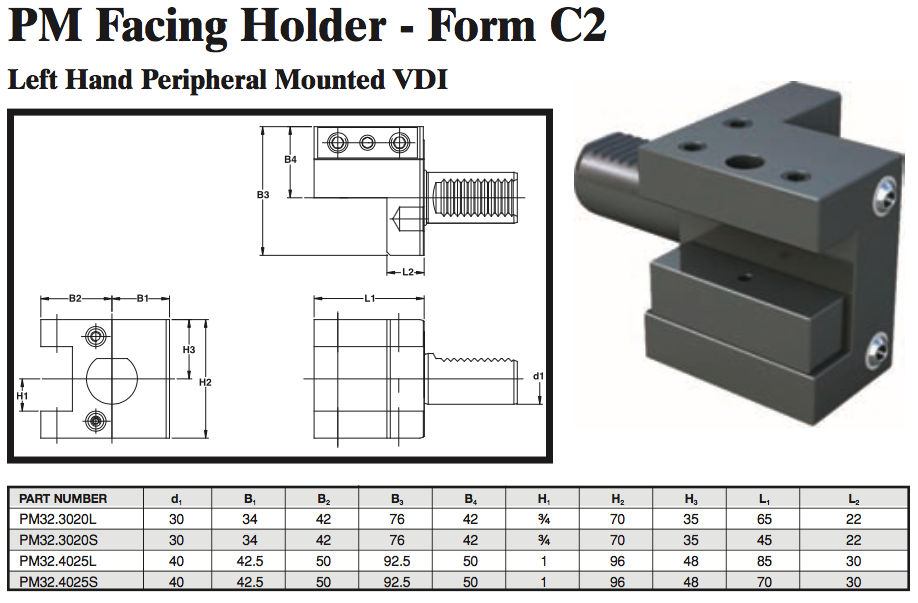 PM Facing Holder - Form C2 (Left Hand Peripheral Mounted VDI) - Part #: PM32.4025L - Benchmark Tooling