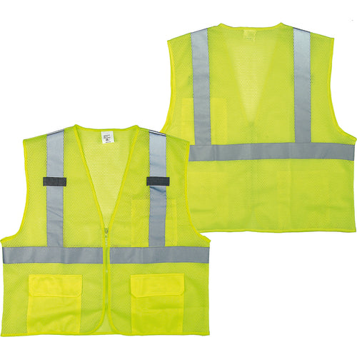 Class 2 Mesh Vest; Contrasting Color Strip, Zipper Closure, Outside Pocket - XL - Benchmark Tooling