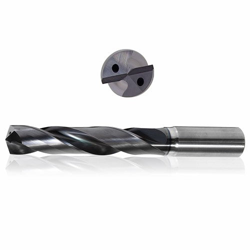 0.4375 mm Dia. × 12 mm Shank × 71 mm Flute Length × 118 mm OAL, 5xD, 150°, Varianta Supral, 2 Flute, Coolant Thru, h6, Cylindrical, Solid Carbide Drill - Exact Industrial Supply