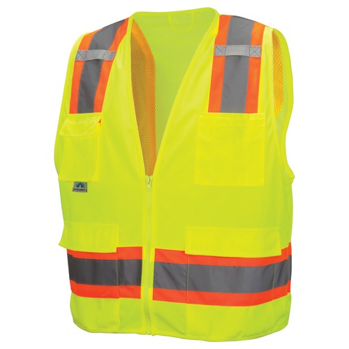 Class 2 Surveyors' Vest; Contrasting Color Strip, Zipper Closure, 8 Pockets - XL - Benchmark Tooling