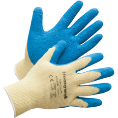 Small Gloves-Tuff Coat Cut Resistant - 10 Cut Medium Weight Yellow Kevlar With Blue Natural Rubber Palm And Fingertip Coating - Benchmark Tooling