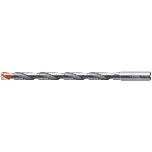 1/2″ Dia. × 0.551″ Shank × 7-11/64″ Flute Length × 9-1/16″ OAL, 140°, 2xD Flute, Coolant Thru, DIN 6535 HA, Round Solid Carbide Drill - Exact Industrial Supply
