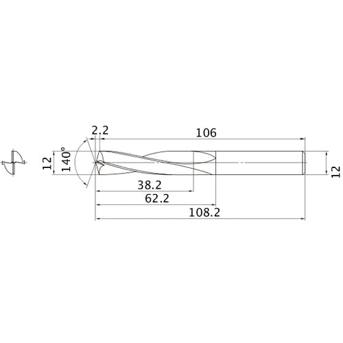 MAE1200MB HTI10 12 mm Dia. × 12 mm Shank × 62.2 mm Flute Length × 108.2 mm OAL, 140°, 2 Flute, External Coolant, Solid Carbide Drill
