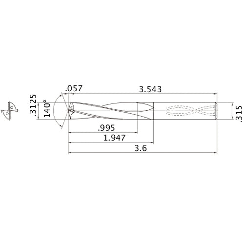 MAS03125MB HTi10 5/16″ Dia. × 0.315″ Shank × 1.947″ Flute Length × 3.6″ OAL, 140°, 2 Flute, Coolant Thru, Solid Carbide Drill