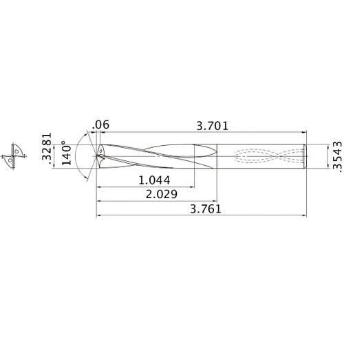 MAS03281MB HTi10 0.3281″ Dia. × 0.3543″ Shank × 2.029″ Flute Length × 3.761″ OAL, 140°, 2 Flute, Coolant Thru, Solid Carbide Drill