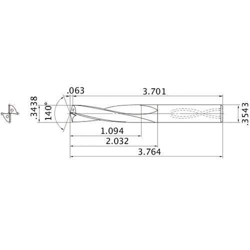 MAS03438MB HTi10 0.3438″ Dia. × 0.3543″ Shank × 2.032″ Flute Length × 3.764″ OAL, 140°, 2 Flute, Coolant Thru, Solid Carbide Drill