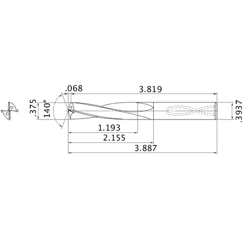 MAS03750MB HTi10 3/8″ Dia. × 0.3937″ Shank × 2.155″ Flute Length × 3.887″ OAL, 140°, 2 Flute, Coolant Thru, Solid Carbide Drill