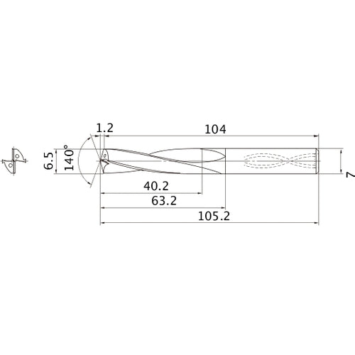 MAS0650LB HTI10 6.5 mm Dia. × 7 mm Shank × 63.2 mm Flute Length × 105.2 mm OAL, 140°, 2 Flute, Coolant Thru, Solid Carbide Drill