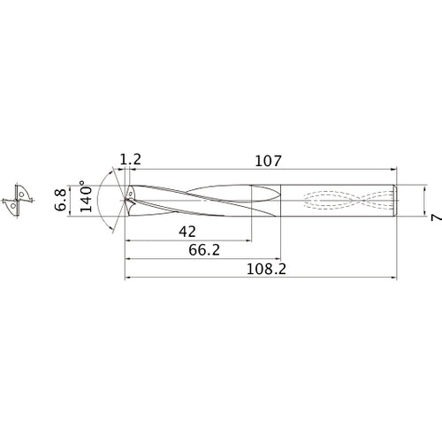 MAS0680LB HTI10 6.8 mm Dia. × 7 mm Shank × 66.2 mm Flute Length × 108.2 mm OAL, 140°, 2 Flute, Coolant Thru, Solid Carbide Drill