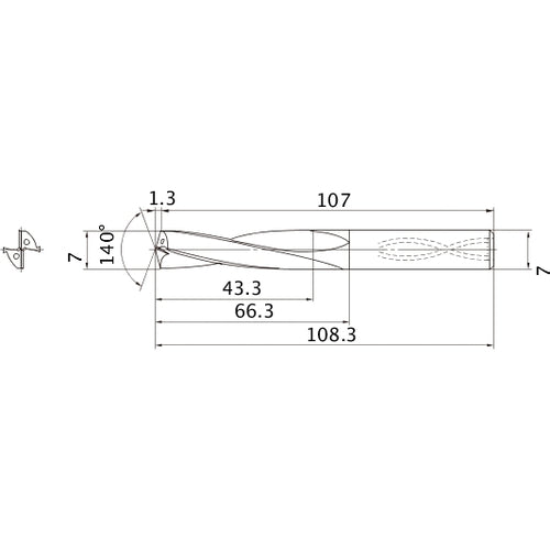 MAS0700LB HTI10 7 mm Dia. × 7 mm Shank × 66.3 mm Flute Length × 108.3 mm OAL, 140°, 2 Flute, Coolant Thru, Solid Carbide Drill