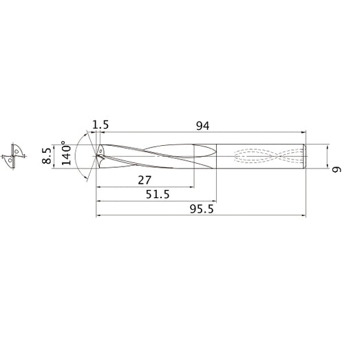 MAS0850MB HTi10 8.5 mm Dia. × 9 mm Shank × 51.5 mm Flute Length × 95.5 mm OAL, 140°, 2 Flute, Coolant Thru, Solid Carbide Drill