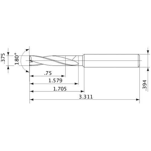 MFE0953X02S100 DP1020 3/8″ Dia. × 0.394″ Shank × 1.579″ Flute Length × 3.311″ OAL, 180°, 2 Flute, External Coolant, Solid Carbide Drill