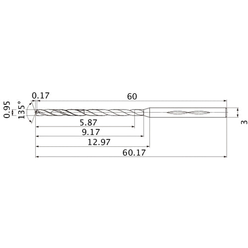 MHS0095L009B VP15TF 0.95 mm Dia. × 3 mm Shank × 9.17 mm Flute Length × 60.17 mm OAL, 135°, 2 Flute, Coolant Thru, Solid Carbide Drill