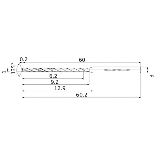 MHS0100L009B VP15TF 1 mm Dia. × 3 mm Shank × 9.2 mm Flute Length × 60.2 mm OAL, 135°, 2 Flute, Coolant Thru, Solid Carbide Drill