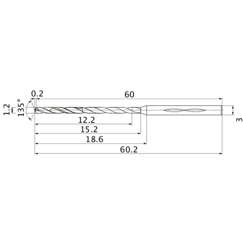 MHS0120L015B VP15TF 1.2 mm Dia. × 3 mm Shank × 15.2 mm Flute Length × 60.2 mm OAL, 135°, 2 Flute, Coolant Thru, Solid Carbide Drill