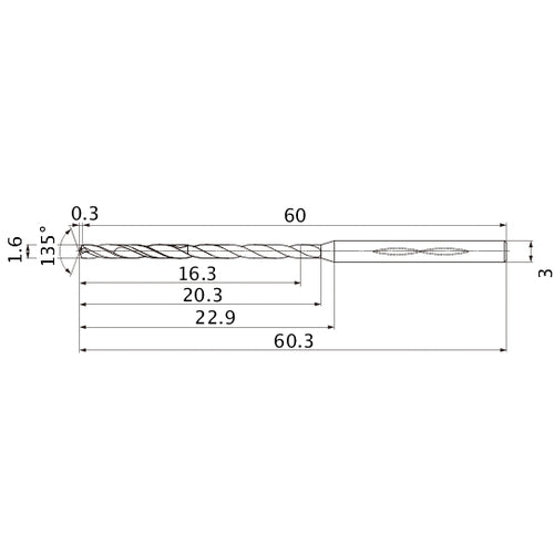 MHS0160L020B VP15TF 1.6 mm Dia. × 3 mm Shank × 20.3 mm Flute Length × 60.3 mm OAL, 135°, 2 Flute, Coolant Thru, Solid Carbide Drill