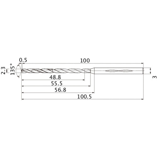 MHS0230L055B VP15TF 2.3 mm Dia. × 3 mm Shank × 55.5 mm Flute Length × 100.5 mm OAL, 135°, 2 Flute, Coolant Thru, Solid Carbide Drill