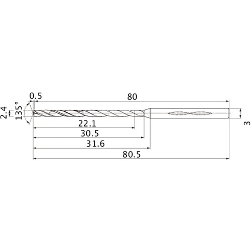 MHS0240L030B VP15TF 2.4 mm Dia. × 3 mm Shank × 30.5 mm Flute Length × 80.5 mm OAL, 135°, 2 Flute, Coolant Thru, Solid Carbide Drill
