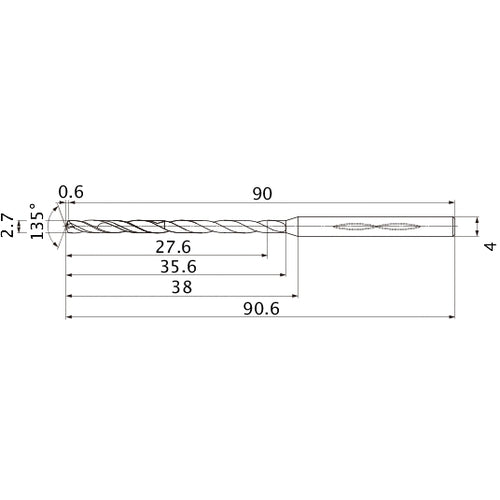 MHS0270L035B VP15TF 2.7 mm Dia. × 4 mm Shank × 35.6 mm Flute Length × 90.6 mm OAL, 135°, 2 Flute, Coolant Thru, Solid Carbide Drill