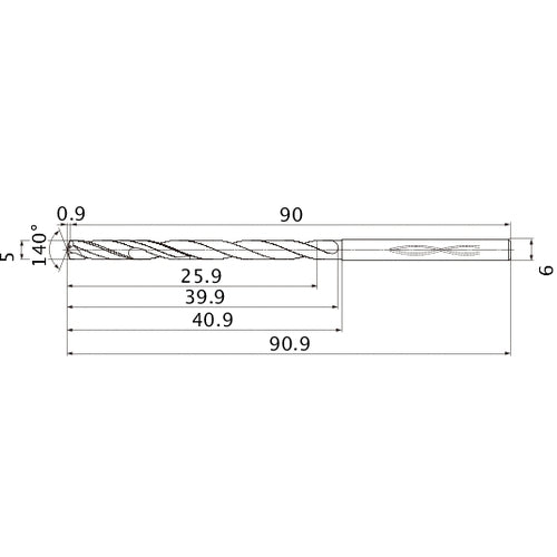 MHS0500L040B VP15TF 5 mm Dia. × 6 mm Shank × 39.9 mm Flute Length × 90.9 mm OAL, 140°, 2 Flute, Coolant Thru, Solid Carbide Drill