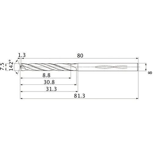 MHS0750L030B VP15TF 7.5 mm Dia. × 8 mm Shank × 30.8 mm Flute Length × 81.3 mm OAL, 142°, 2 Flute, Coolant Thru, Solid Carbide Drill