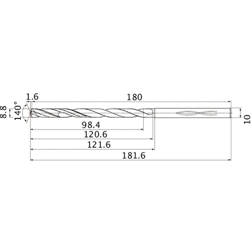 MHS0880L120B VP15TF 8.8 mm Dia. × 10 mm Shank × 120.6 mm Flute Length × 181.6 mm OAL, 140°, 2 Flute, Coolant Thru, Solid Carbide Drill