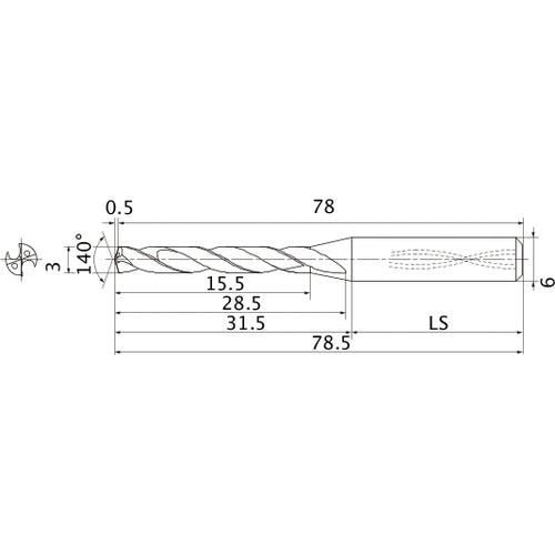 MMS0300X5DB DP7020 3 mm Dia. × 6 mm Shank × 28.5 mm Flute Length × 78.5 mm OAL, 140°, 2 Flute, Coolant Thru, Solid Carbide Drill