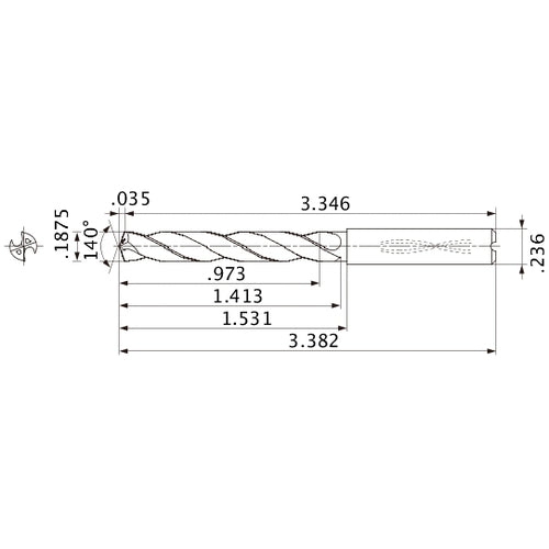 MMS0476X5D060 DP7020 3/16″ Dia. × 0.236″ Shank × 1.413″ Flute Length × 3.382″ OAL, 140°, 2 Flute, Coolant Thru, Solid Carbide Drill
