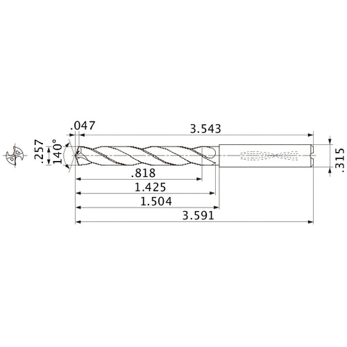 MMS0653X3D080 DP7020 0.257″ Dia. × 0.315″ Shank × 1.425″ Flute Length × 3.591″ OAL, 140°, 2 Flute, Coolant Thru, Solid Carbide Drill