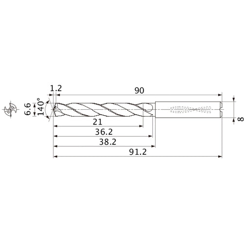 MMS0660X3DB DP7020 6.6 mm Dia. × 8 mm Shank × 36.2 mm Flute Length × 91.2 mm OAL, 140°, 2 Flute, Coolant Thru, Solid Carbide Drill
