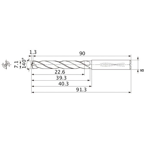 MMS0710X3DB DP7020 7.1 mm Dia. × 8 mm Shank × 39.3 mm Flute Length × 91.3 mm OAL, 140°, 2 Flute, Coolant Thru, Solid Carbide Drill