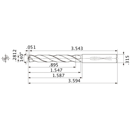 MMS0714X3D080 DP7020 0.2812″ Dia. × 0.315″ Shank × 1.547″ Flute Length × 3.594″ OAL, 140°, 2 Flute, Coolant Thru, Solid Carbide Drill