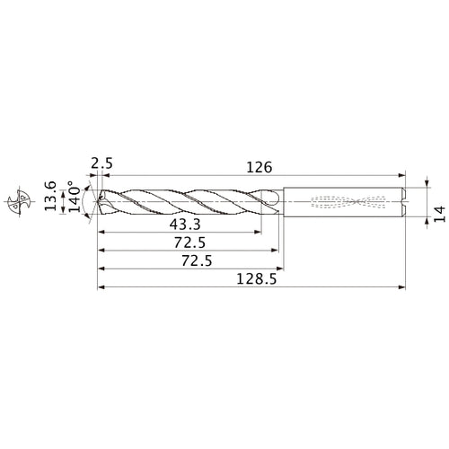 MMS1360X3DB DP7020 13.6 mm Dia. × 14 mm Shank × 72.5 mm Flute Length × 128.5 mm OAL, 140°, 2 Flute, Coolant Thru, Solid Carbide Drill
