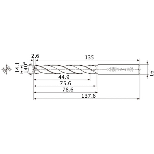 MMS1410X3DB DP7020 14.1 mm Dia. × 16 mm Shank × 75.6 mm Flute Length × 137.6 mm OAL, 140°, 2 Flute, Coolant Thru, Solid Carbide Drill